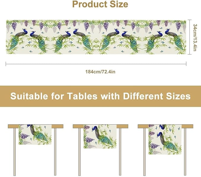 Peacock Table Runner,Spring Plant Butterfly Print Seasonal Table Runner for Home Kitchen Dining Party Indoor Outdoor Decoration 13x70 Inch