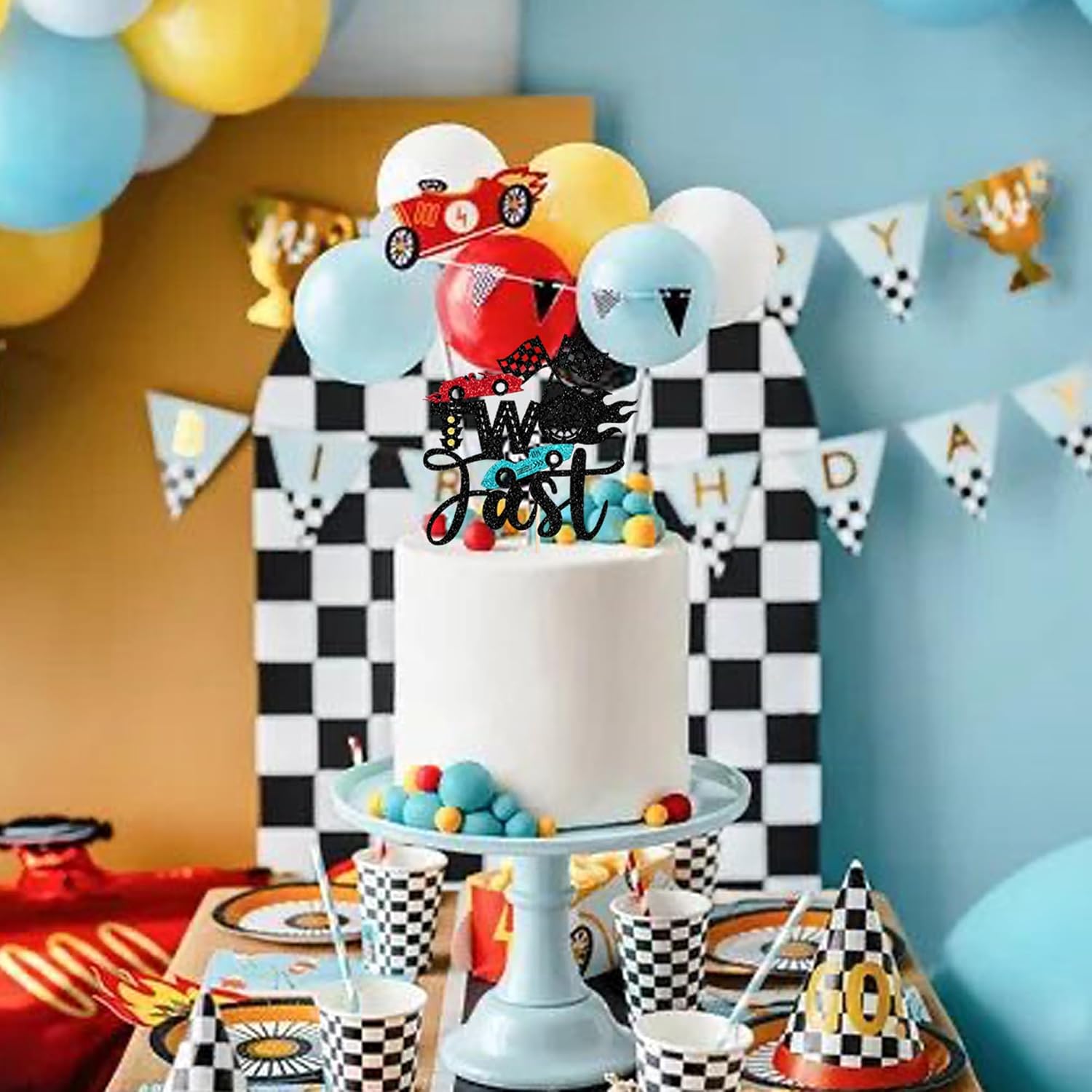 1 PCS Two Fast Cake Topper Glitter Checkered Flag Racing Car 2nd Cake Pick Cars Birthday Decorations for Let's Go Racing Car Boys Girls 2 Years Second Birthday Party Cake Decorations Supplies