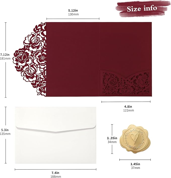 DORIS HOME 50pcs Laser Cut Wedding Invitation Pockets with Envelopes Burgundy, 5.12" x 7.12"Invitation Cards for Wedding, Anniversary (No Inserts Included)