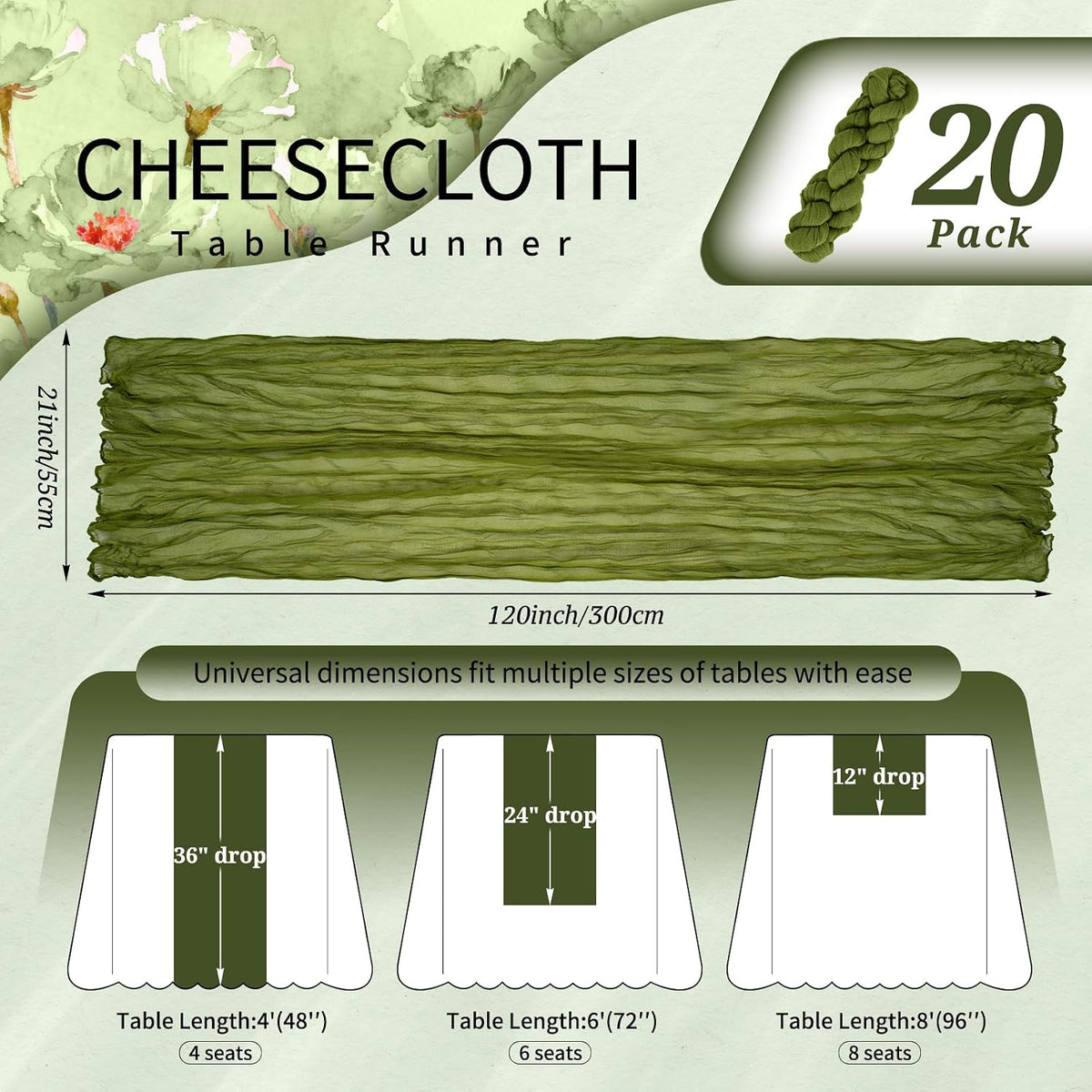 20 Pack Olive Green Cheesecloth Table Runner Wedding Birthday Table Decor
