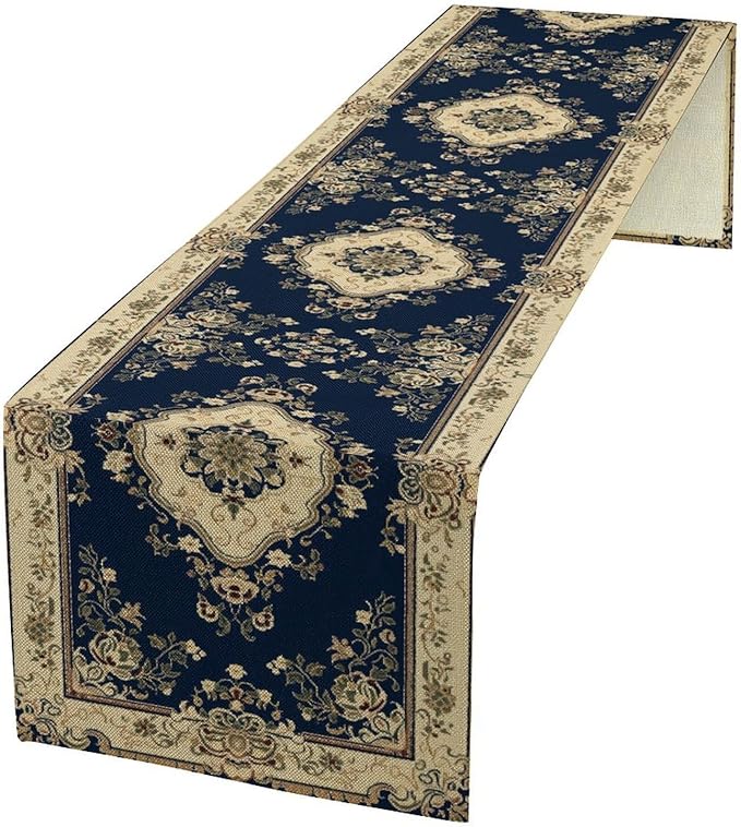 Vintage Elegant Farmhouse Table Runner Blue Beige Flower for Home Farmhouse Kitchen Table Dining Coffee Room Garden Party Wedding Decor 13x72in