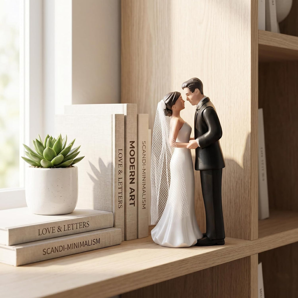 Elegant Bride and Groom Wedding Keepsake Figurine - Romantic Couple Statue for Cake Decor, Anniversary Display & Home Aesthetics - Minimalist Hand-Painted Resin Sculpture (Black)