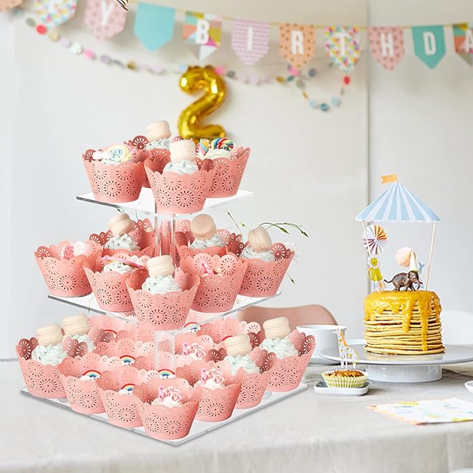 Boxalls Cupcake Stand, 3 Tier Square Acrylic Cupcake Display Stand Holder, Clear Dessert Pastry Tower for Wedding, Birthday, Theme Party, Baby Shower