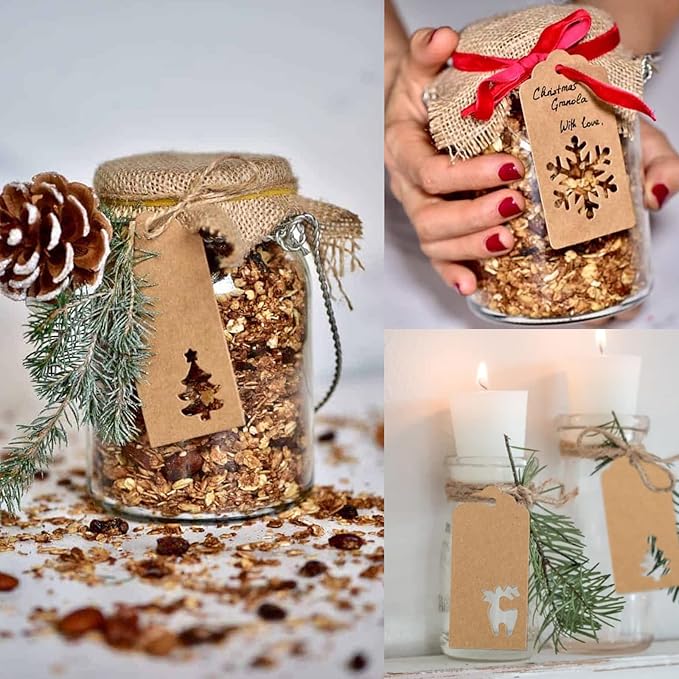 jijAcraft Christmas Gift Tags - 150Pcs Christmas Tags with String, Blank Kraft Paper Hollow Trees, Rudolph, Snowflake Shapes Holiday Labels for Xmas Party Favors, DIY Crafts, Jar