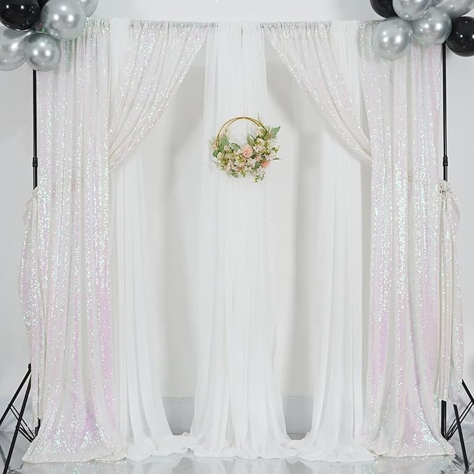 Poise3EHome White Iridescent Sequin Backdrop Curtains,4 Panels 2FTx8FT Glitter Background for Party Birthday Party Baby Shower Wedding Christmas Thanksgiving Halloween Holiday Festival Decor