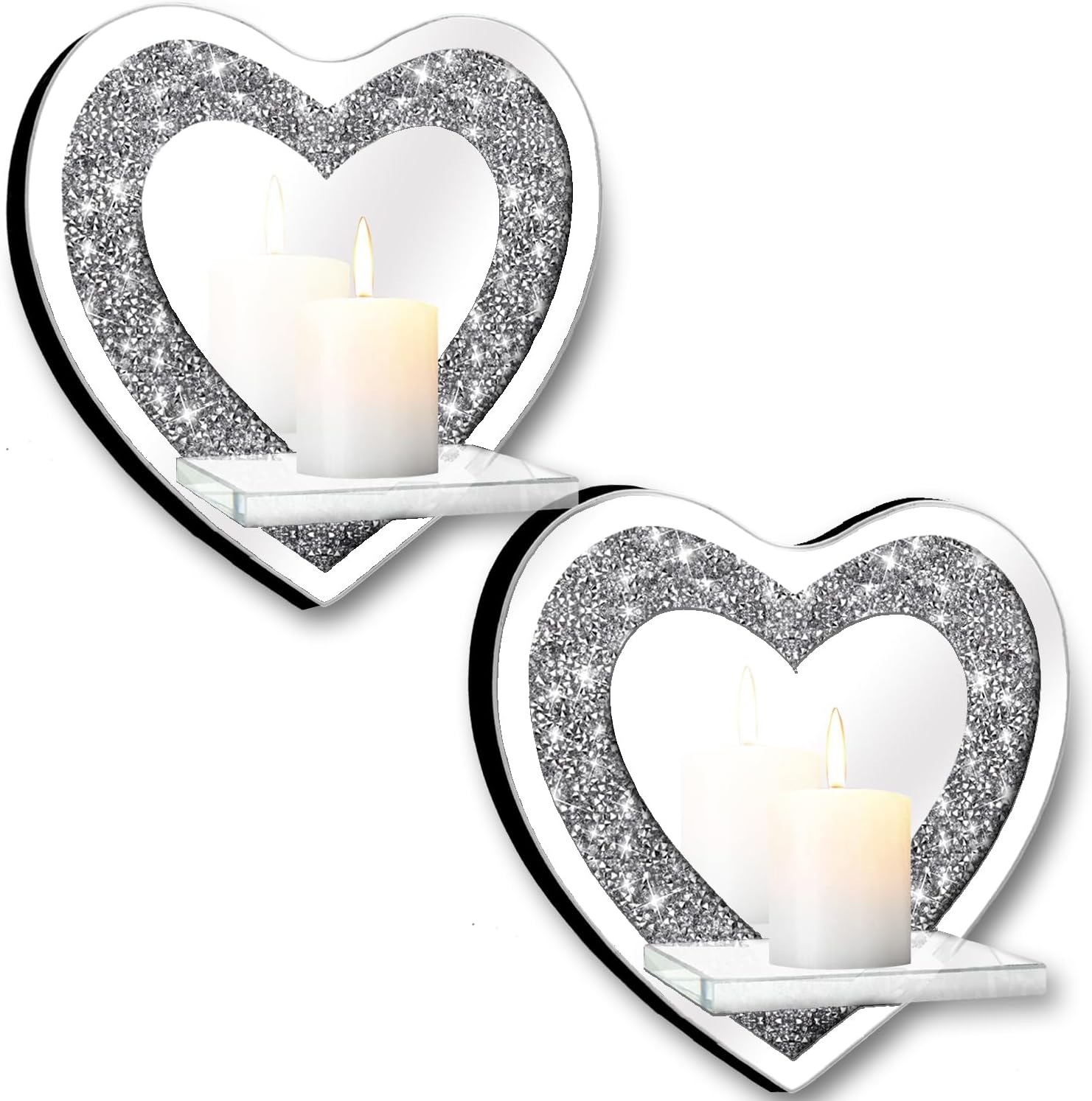 ZOLAPI Set of 2 Crystal Crush Diamond Candle Sconces, Gorgeous Silver Mirrored Wall Sconce, Candle Holder Glass Wall Decorations for Home Décor, Living Room, Dining Room.Heart Shaped