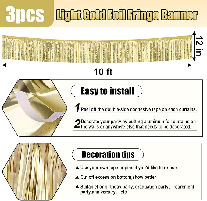 3 Pack 10 Long Light Gold Metallic Foil Fringe Garland Wall Hanging Tassle Banner, Mother's Day, Easter, Parade Floats, Birthday, Theme Party, Wedding Party Decorations