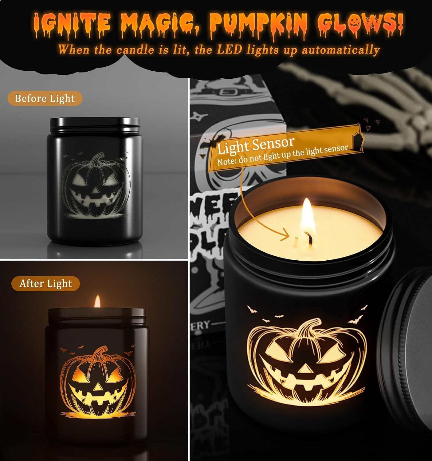 Halloween Candle,Halloween Gifts Candles with LED Pumpkin Face | Fall Candles with Pumpkin Spice Scent Over 40 Hours of Burn Time, Gift for Home Fall Decorations Indoor, 100% Soy Wax