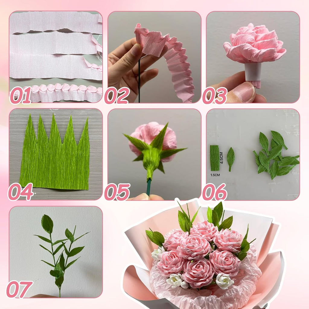 Crepe Paper Streamers 10 Rolls，10 * 98in Pastel Crepe Paper Sheets Kit for DIY Gift Colourful Paper Flower with 100 Pcs Flower Stalk，Gardening Tape，Scissors，Double-Sided Tape and Glue Sticks (Pink)