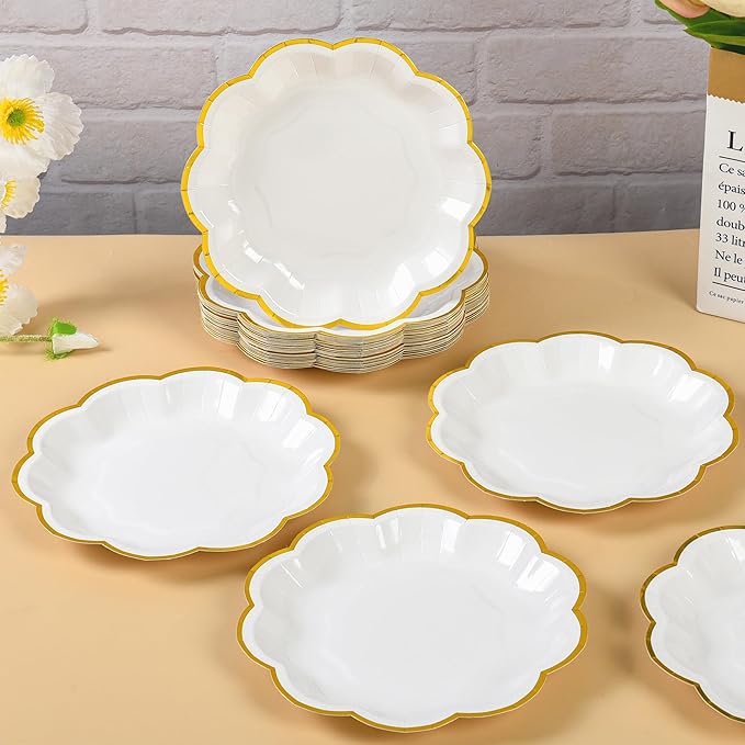 White Golden Party Plates Gold Foil Dessert Paper Plate 7inch Scalloped Edge Disposable Cake Plates for Tea Party Birthday Bridal Baby Shower Wedding Party Supplies (48, White)