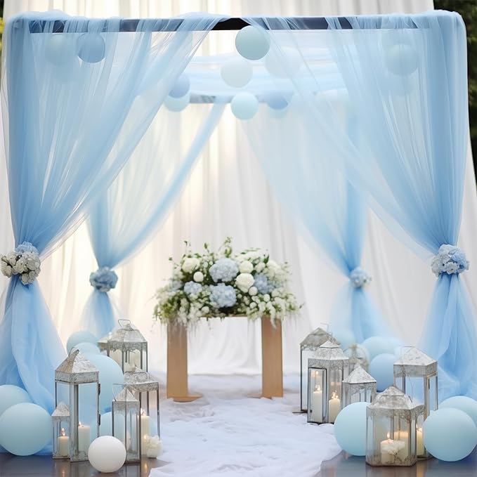 20x10 Blue Tulle Backdrop Curtains for Parties, Sheer Backdrop Curtain Wedding Photo Background Drapes for Baby Shower Photography Birthday Party