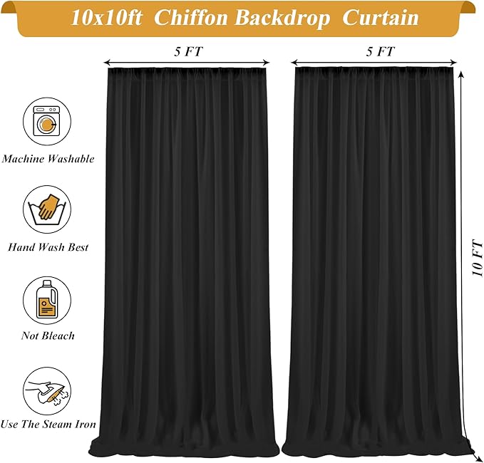 10x10ft Black Chiffon Backdrop Curtain with Lights for Wedding Birthday Parties, Wrinkle Free Backdrop Curtains with Lights for Halloween Baby Shower Gender Reveal Photo Shoot (5 x 10ft,2 Panels)