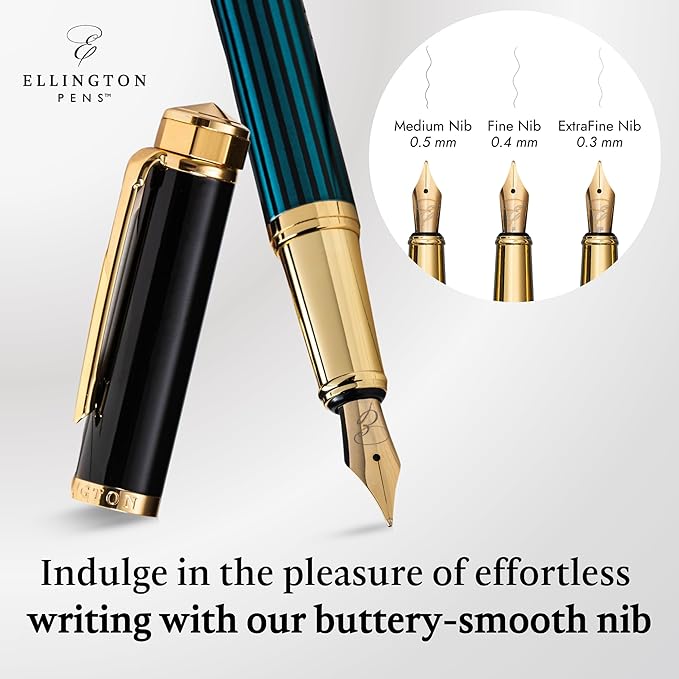 Ellington Pens Luxury Fountain Pen Set- Fountain Pens for Writing - Smooth Medium Nib - Includes Refillable Ink Converter, 3 Ink Cartridges [Black & Blue], Gift Box - Elegant Calligraphy