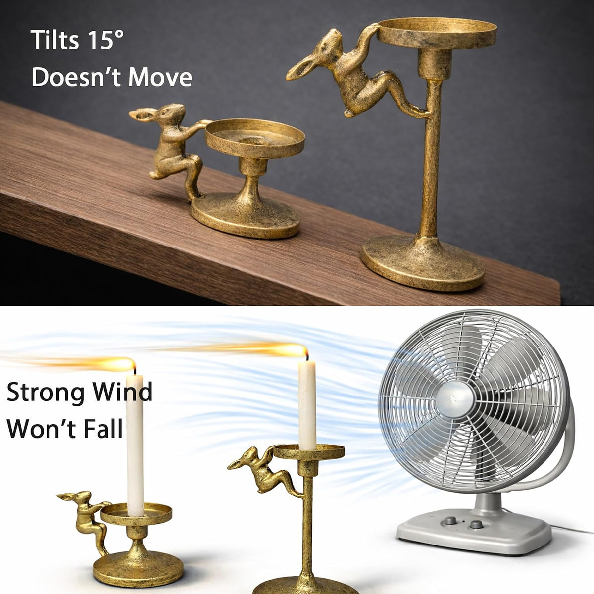 Set of 2 Cast Iron Climbing Bunny Candle Holders, Vintage Heavy-Duty Decorative Stands for 7/8" Taper Candlesticks and 3" Pillar Candles, Lively Easter & Spring Mantel Decor (Antique Brass)
