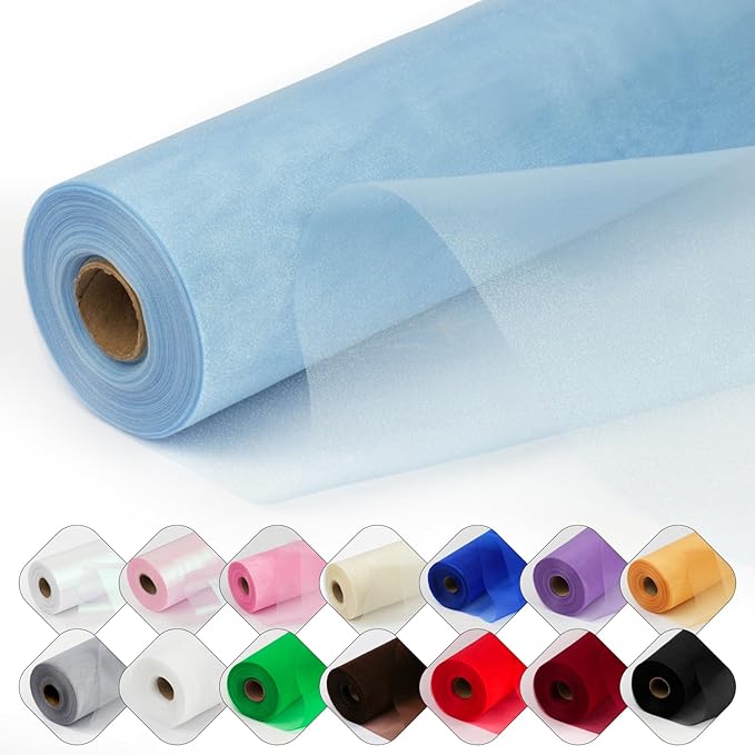 Crystal Organza Fabric Tulle 11 Inch by 50 Yards Sheer Tulle Rolls for DIY Craft Wedding Party Baby Shower Decor Gift Wrapping Party Supplies (Light Blue)