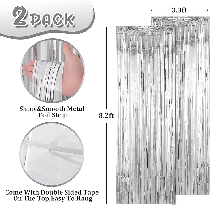 2 Pack Silver Foil Fringe Backdrop Curtains, Tinsel Streamers Birthday Party Decorations, Fringe Backdrop for Graduation, Baby Shower, Gender Reveal, Disco Party
