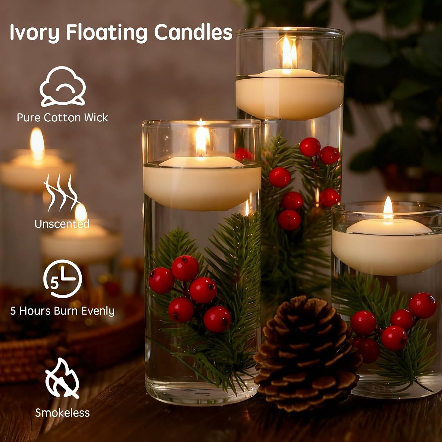 36 Pack Floating Candles,2 inch Ivory Unscented Dripless Floating Candle for Centerpieces,5-6H Burning 2" Water Candles Bulk for Cylinder Vases,Weddings,Christmas Party,and Holiday