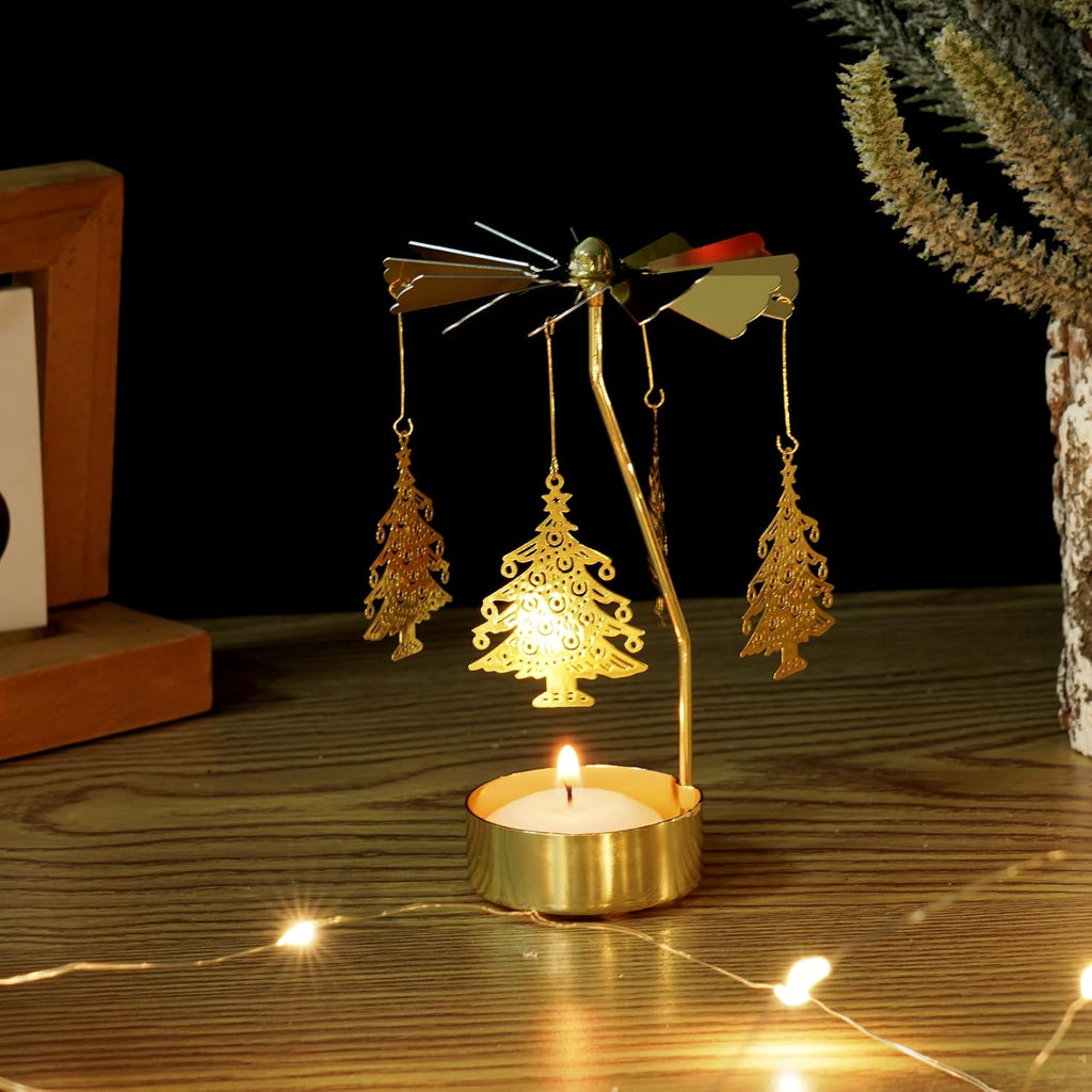 2Pcs Rotary Candle Holder Spinning Tea Light Candle Holder Gold Christmas Tree & Reindeer Style Metal Rotating Candlestick