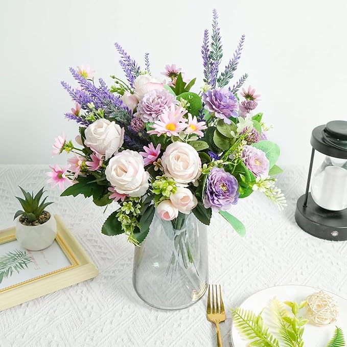 Fake Flowers Purple Artificial Silk Flower Bouquet Faux Flowers for Vase with Rose Peony Daisy for Home Wedding Baby Shower Bridal Bouquets Table Centerpieces Party Fathers Day Decorations