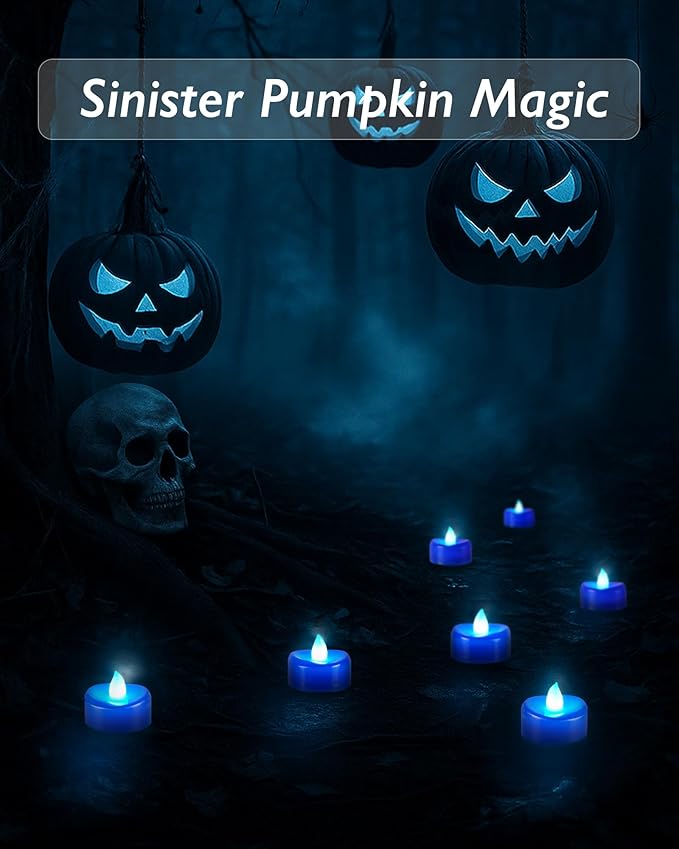 Raycare Blue LED Tea Lights Battery Operated, 200+Hour Flickering Votive Candles,Realistic Fake Flameless Tea Lights for Wedding Party Halloween Thanksgiving Christmas Decorations, 24 Pack