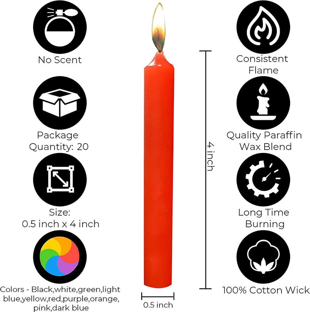 Dinil Spell Chime Candles, 20 Colored Mini Taper Candles, 4 Inch | For spiritual rituals, prayer, altar & birthdays, Unscented paraffin wax, up to 2-hr burn, 10 vibrant shades, 2 of each