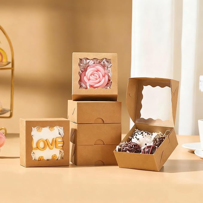 RomanticBaking 3 ¼" x 3 ¼" x 1 ½" 50PCS Chocolate Truffle Boxes for 4,Mini Bakery Boxes with Window for Brownie,Cookies, Soap, Donut,Macaron