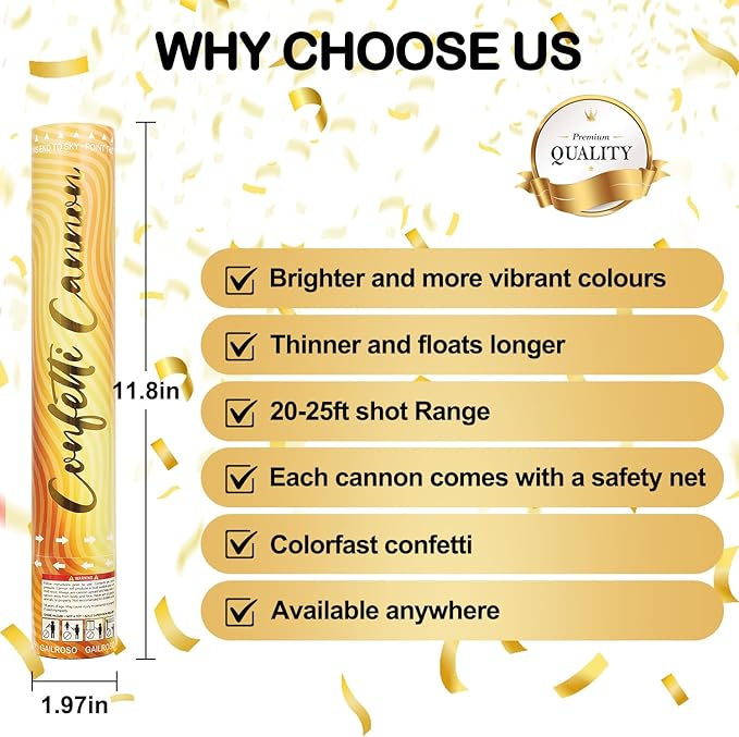 6 Pack Gold Confetti Cannon, Confetti Poppers,12 Inch Party Poppers Shooters for Birthdays, Graduation Celebration,Weddings, New Year's Eve, Christmas and Any Celebrations