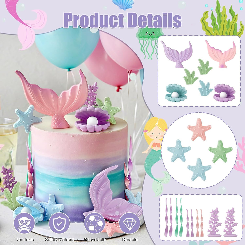 21pcs Mermaid Cake Topper - Mermaid Tail Cake Decorations with Seaweed Shells Starfish Coralal Under the Sea Cake Decorations for Birthday Party Decorations (Pink Purple)