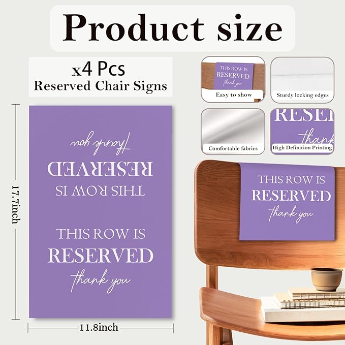 Reserved Seating Chair Signs, This Row Is Reserved Pew Cloths Seating Placeholder for Church Pews, Purple Wedding Decorations for Reception Parties Celebrations Event (Purple, 4 PCS)
