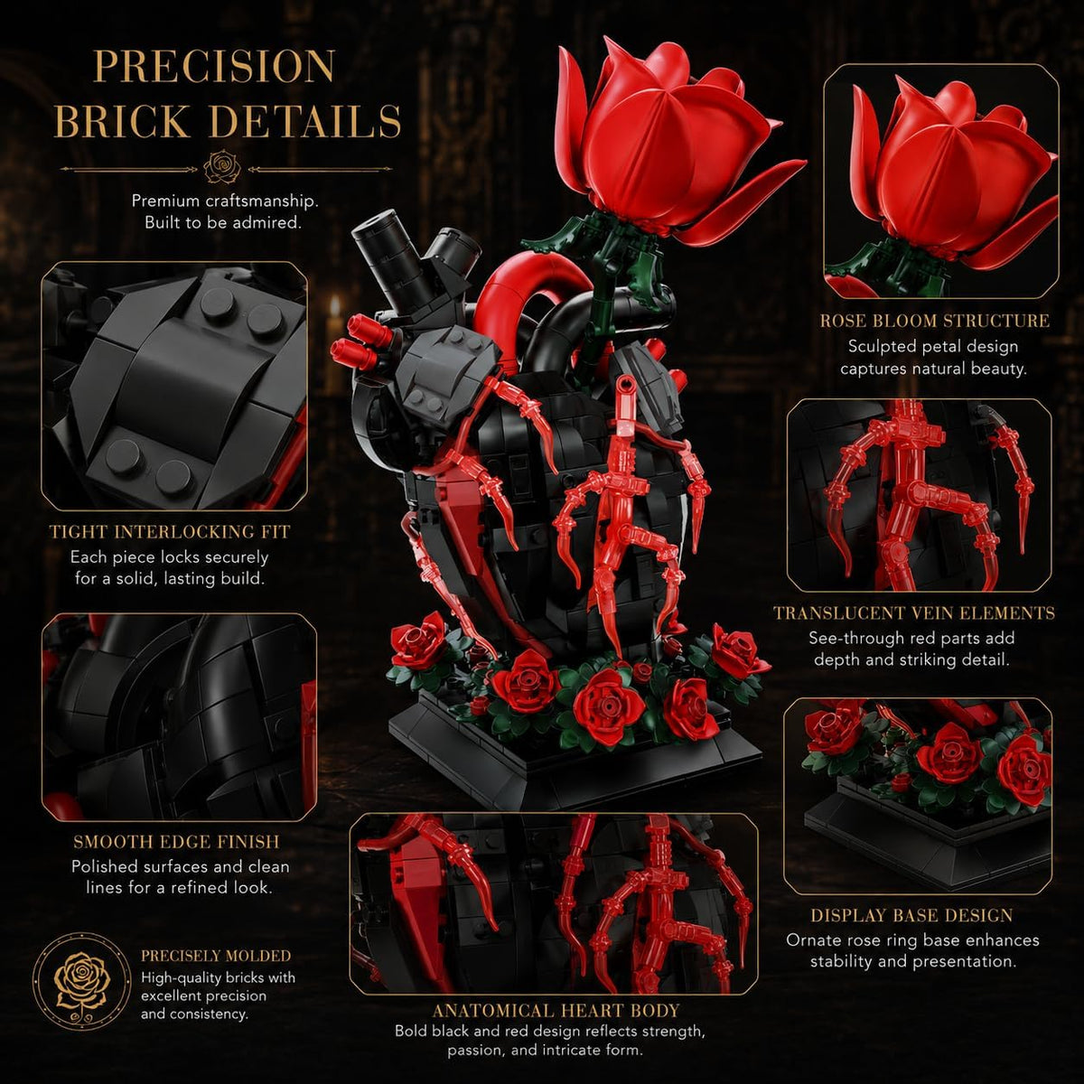 gothic heart rose building block set anatomical heart, close-up detail