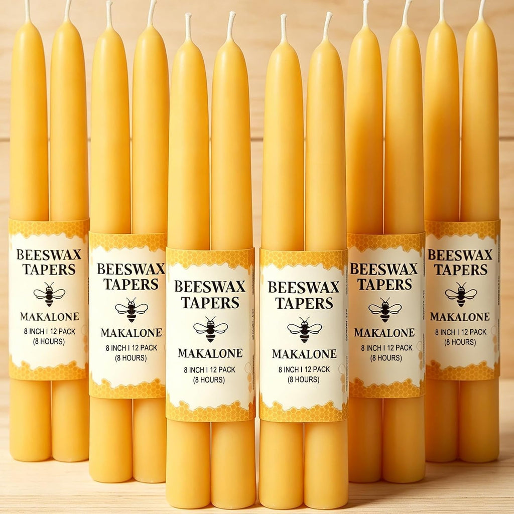 12 Pack Beeswax Taper Candles,8in Pure Beeswax Candles Non Toxic,8 Hours Long Clean Burning 100% Natural Candle Sticks,Smokeless and Unscented Bees Wax Candle for Home,Prayer,Tall Tapered
