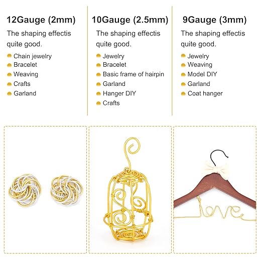 BENECREAT 12 17 18 Gauge Aluminum Wire - 100FT Gold Anodized Jewelry Craft Wire for Air Plant Gardening, Model Making