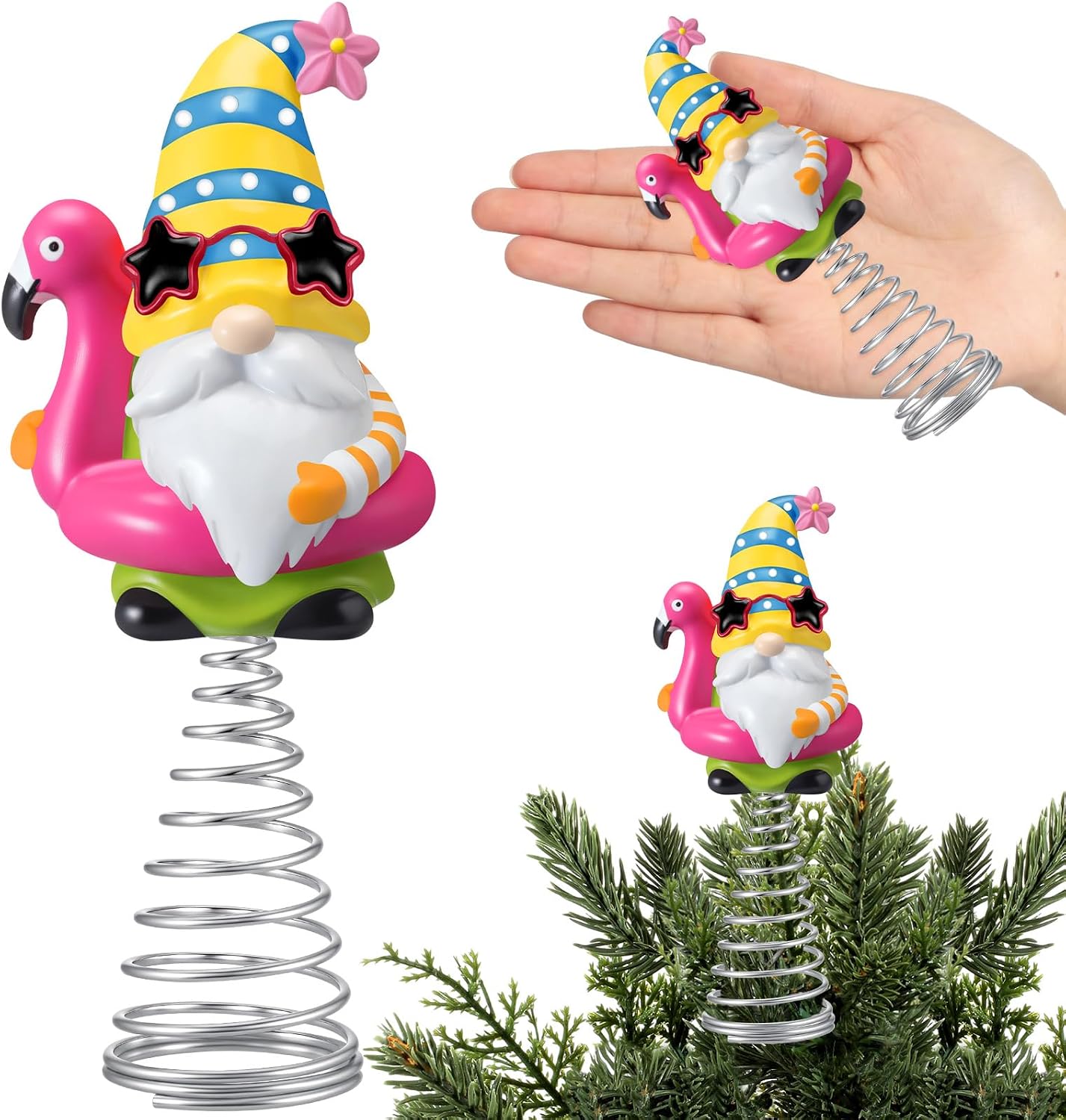 Gejoy Summer Flamingo Gnome Mini Tree Topper 5.1 Inch Tropical Beach Gnome with Spring Base, Mini Summer Tree Top Decorations for Luau Hawaiian Party Tiered Tray Tabletop Decor