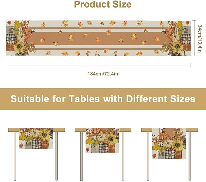 Autumn Table Runner,Thanksgiving Fall Pumpkin Leaves Floral Table Cloth for Kitchen Dining Table Decoration Home Party Decor 13x108 Inch