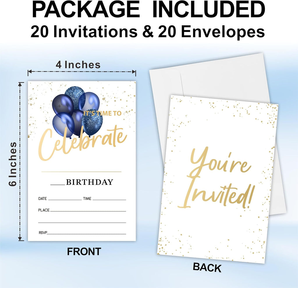 Blue Balloons Birthday Party Invitations For Boys Girls - Let's Celebrate - 20 Double-Sided Fill In Style Invite Cards With Envelopes - Birthday Party Favor & Decorations - B06