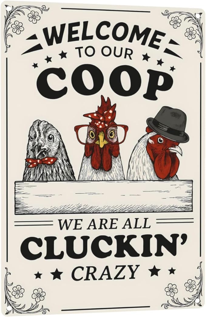 Funny Chicken Coop Sign - "Welcome to Our Coop" Rustic Farmhouse Chicken Decor for Coop or Home, 12" x 8" Metal Tin Sign