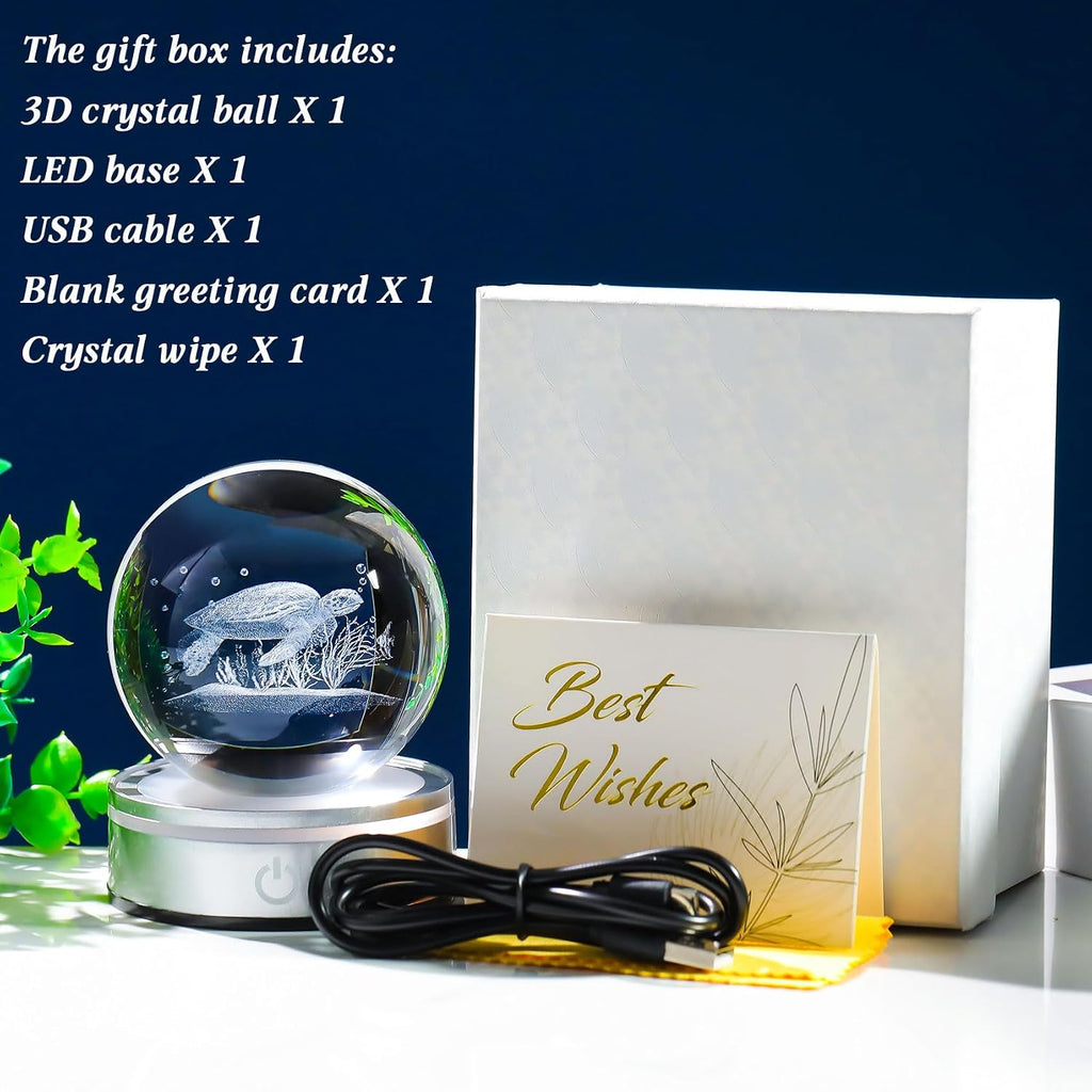 Movdyka Sea Turtle Gifts for Women Men 3D Sea Turtle Decor Statue | Turtle Crystal Ball Night Light Laser Engraved Sea Turtle Ornament Figurine Glass Snow Globe Room Decorations Crafts