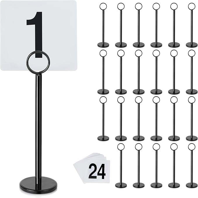 New Star Foodservice 27693 Ring Clip Table Number Card Holders, w/Number Cards, 1 to 24, Set of 24, 8-Inch, Black Stand