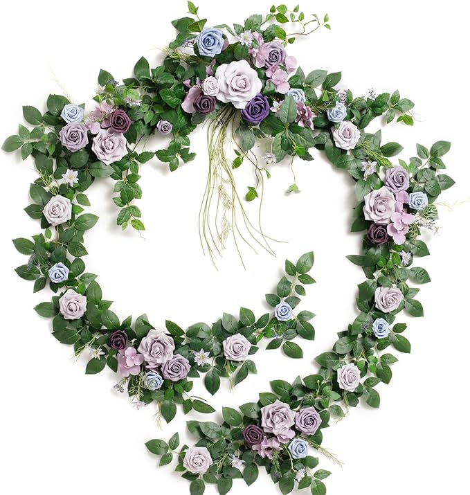 Ling's Moment 9FT Flower Garland for Backdrop Decorations - Wedding Arch Flowers, Eucalyptus & Rose, Artificial Floral Garland for Mantle - Sweetheart Table Decor for Beach Reception, Purple