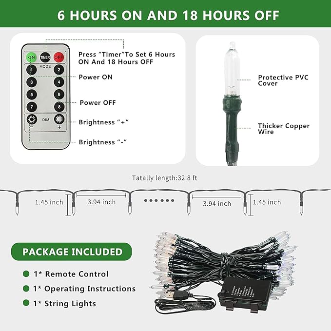 Tcamp 33ft 100LED Battery Operated Christmas Lights Outdoor Indoor, Battery Christmas Tree Lights with Remote Timer, 8 Modes Battery String Lights for Xmas Tree Wreath Bedroom Decor (Warm White)