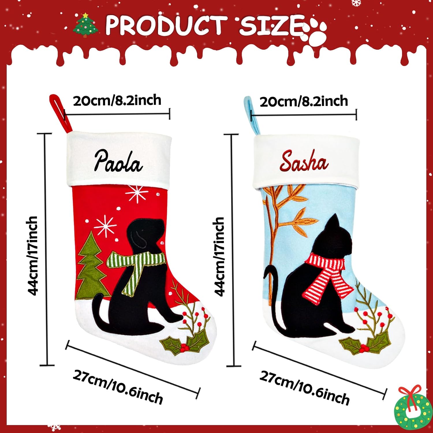 Personalized Cat and Dog Christmas Stocking, Customizable Name 17'' Pet Stocking, Black Cat and Dog Pattern Christmas Stocking, Home Mantel Holiday Hanging Decoration (1 Pack)