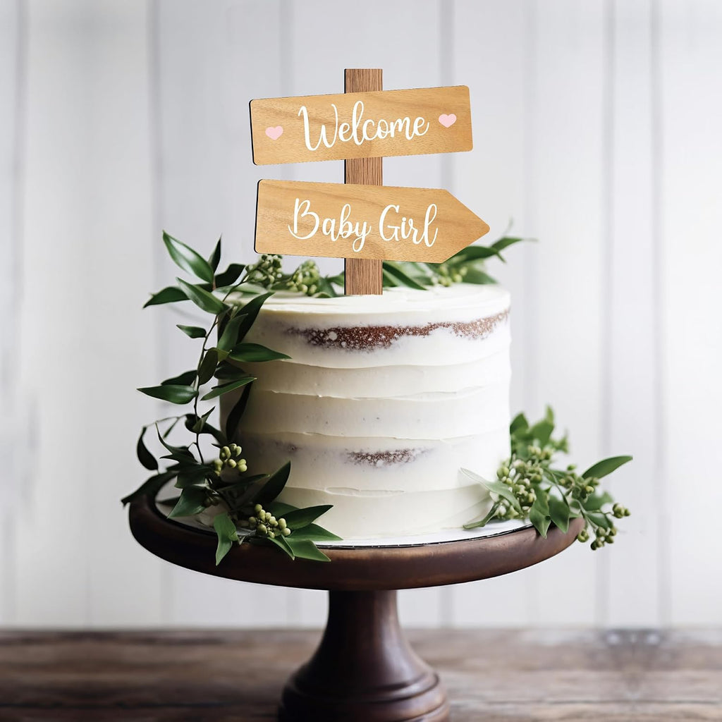 Rustic Welcome Baby Girl Cake Topper in Wood Baby Shower Gender Reveal Party Cake Decoration
