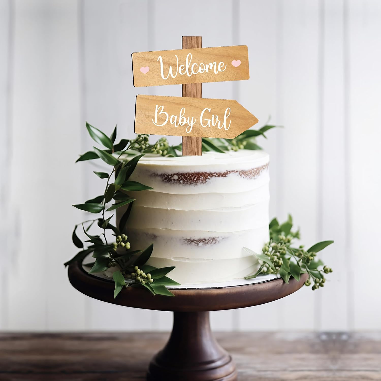 Rustic Welcome Baby Girl Cake Topper in Wood Baby Shower Gender Reveal Party Cake Decoration