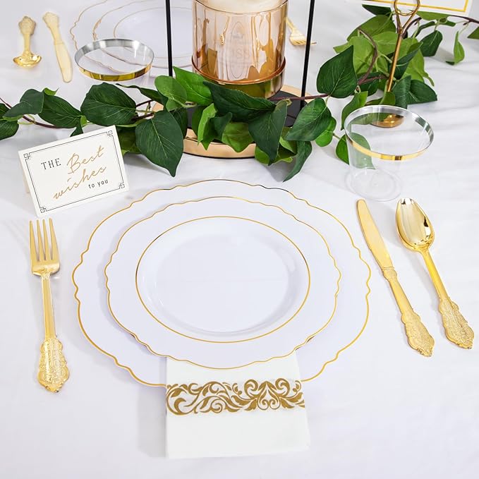 350 Pieces Gold Disposable Plates for 50 Guests, Plastic Plates for Party, Dinnerware Set of 50 Dinner Plates, 50 Salad Plate, 50 Spoons, 50 Forks, 50 Knives, 50 Cups for Thanksgiving