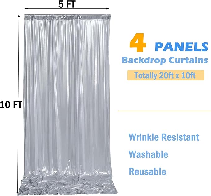 20ft x 10ft Silver Sequin Backdrop Curtain for Parties, Wrinkle Free Thick Glitter Photo Backdrop Drapes 4 Panels 5x10FT Back Drop Cloth Shiny Fabric for Wedding Birthday Photography Background