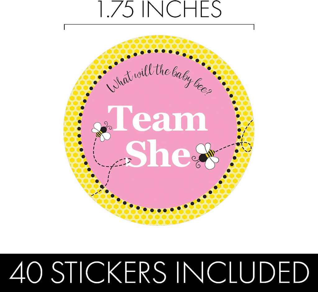 What Will It Bee Gender Reveal Voting Stickers, 40 Count | 1.75 in round, 20 Team He Blue and 20 Team She Pink, Honey Bee Bumble and Hive Theme
