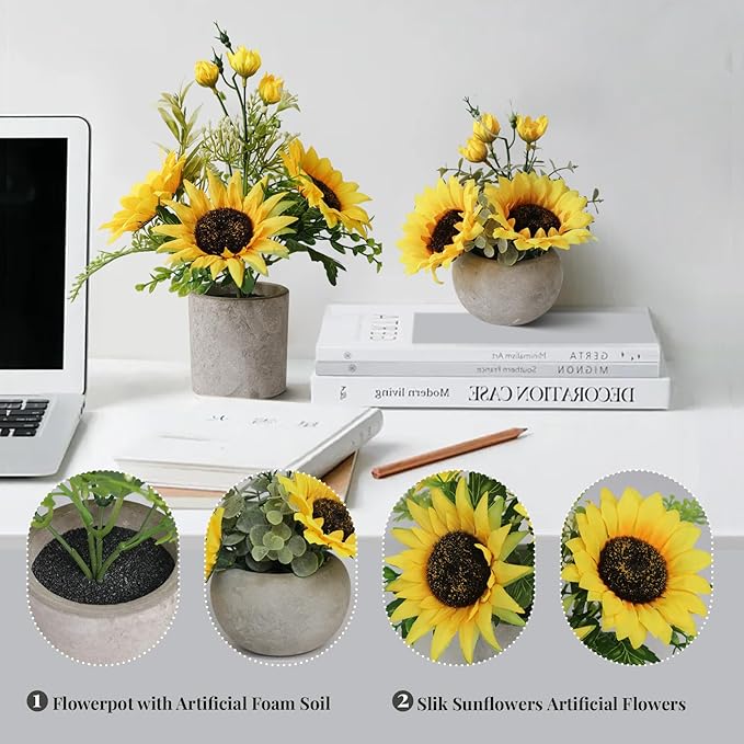 Leftover Sunflower Artificial Flowers Pot,Sunflower Decor,Flower Centerpieces for Tables,Fake Flowers in Vase for Summer Decor, Yellow Decor