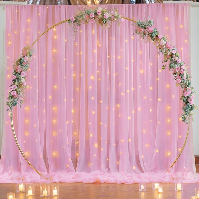 20×10ft Pink Tulle Backdrop Curtain with Lights String for Parties, Sheer Photo Backdrop Curtains for Wedding Party Photography Background