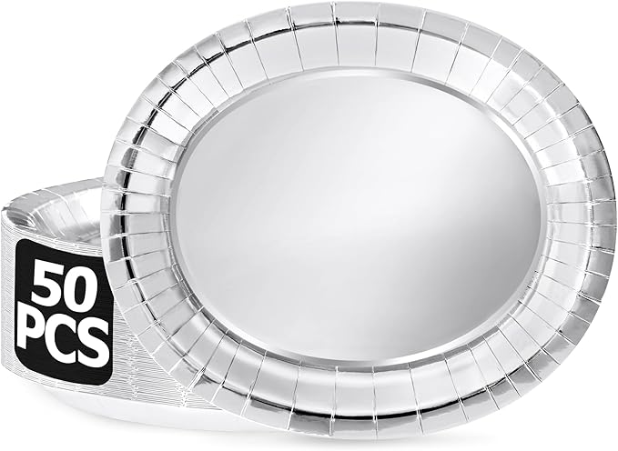 50 Pcs Oval Large Paper Plates, 12.2'' X 10.2'' Silver Foil Paper Plates, Daily Dinner Plates Disposable Paper Plates Bulk Party Supplies for Wedding Silver Anniversaries Graduation Birthday Party