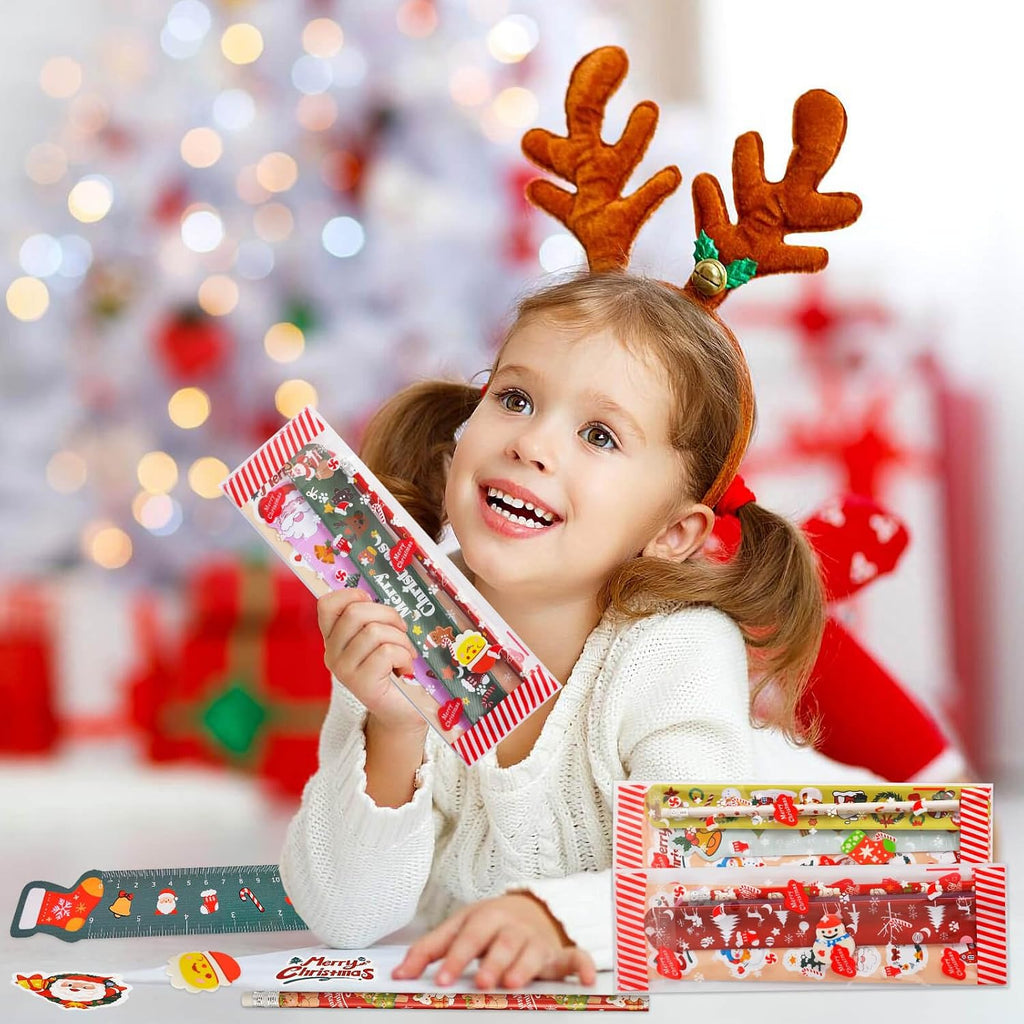 Christmas Party Favors 24 Pack Stationery Set Bulk Goodie Bag Suffers Class Gifts Classroom School Holiday Treat for Students Stockings Pencils Rulers Erasers Stickers slap bracelets